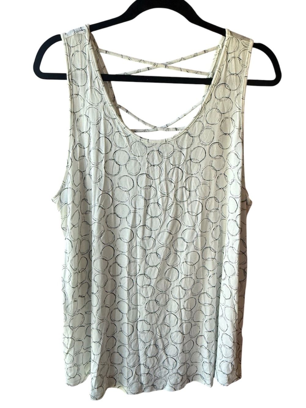 Sleeveless Crisscross Back Tank Top - off white, black circle print, stretchy